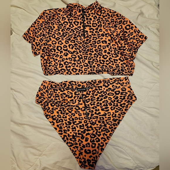 PLT Neon Orange Leopard Zipper Bikini, Plus Size 18 - Picture 3 of 10